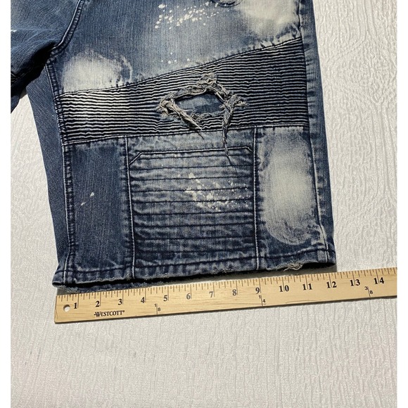Makobi‎ Distressed Denim Shorts Mens Size 46 Blue Moto Biker Jorts Shredded - Picture 12 of 12